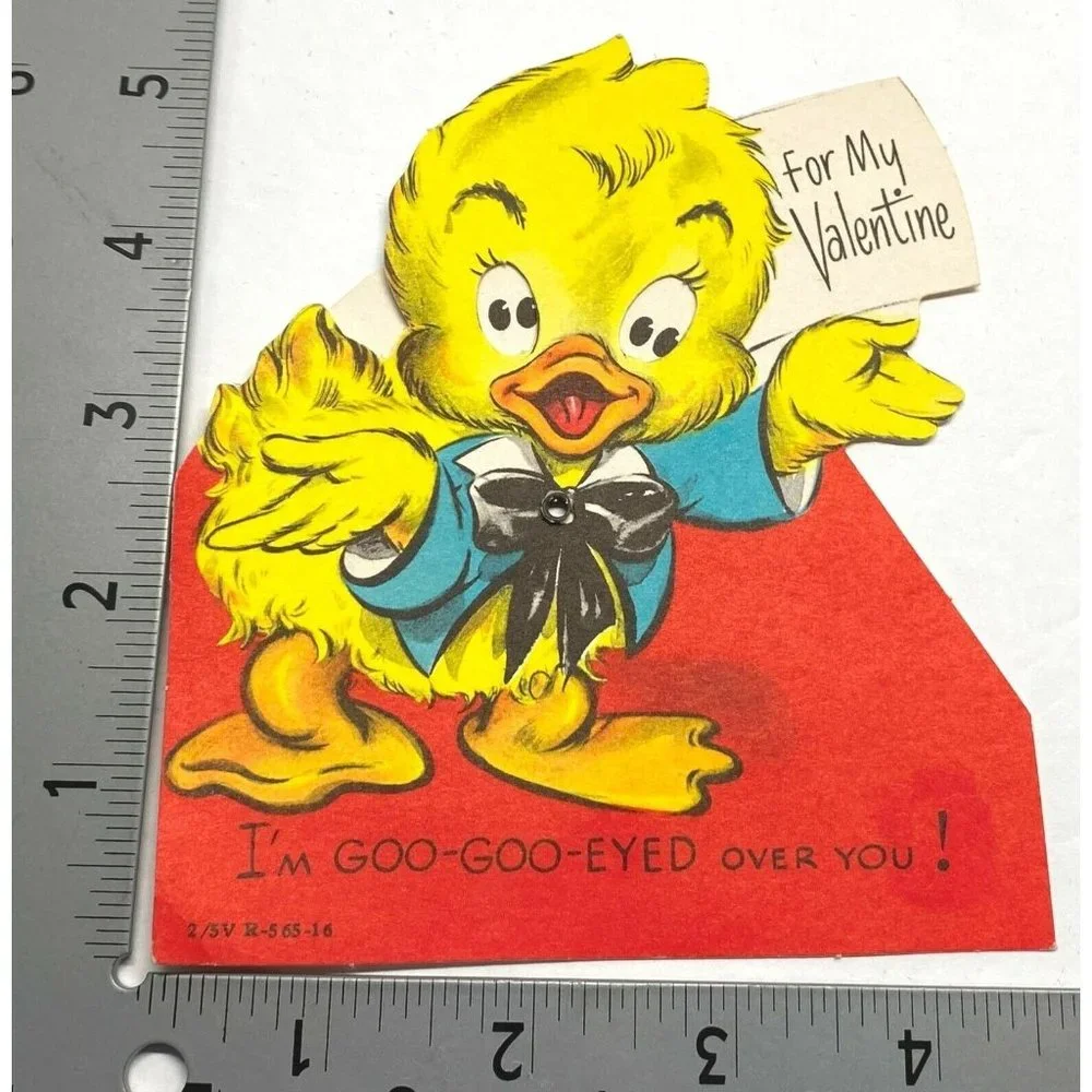 Valentines Day Vintage Greeting Card Duck Moving Eyes Yellow Duckling 1940s Anth